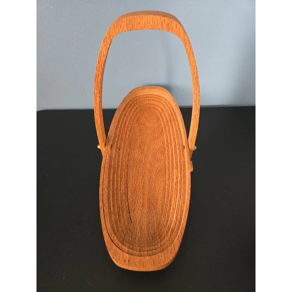 Vtg Handcrafted Wooden Folding Collapsible Spiral Oval Shaped‎ Fruit Basket Bowl